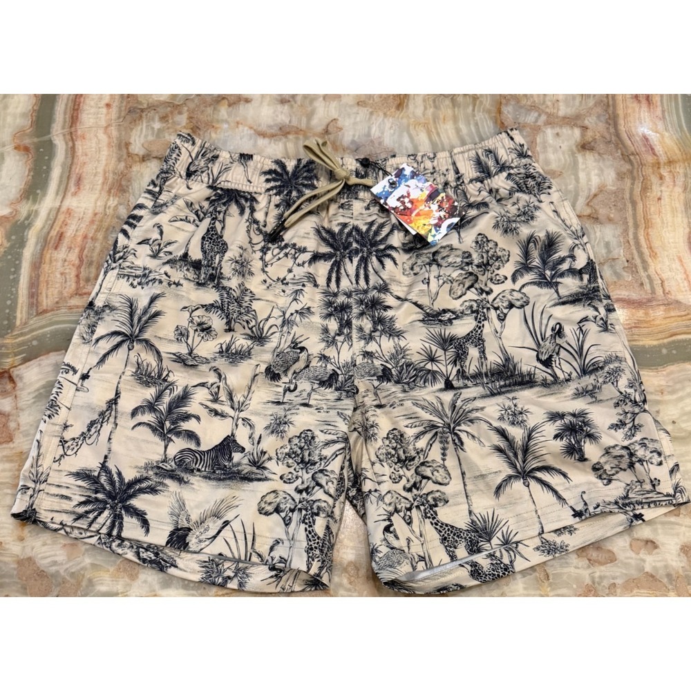 NWT Robert‎ Graham Mens Quick Dry Boxer Board Shorts Beige Tropical Beach Medium